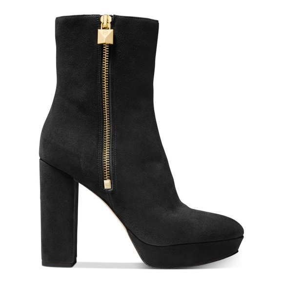 Michael Kors Frenchie Black Suede Stiletto Block Heel Platform Logo Ankle Bootie - Picture 4 of 9